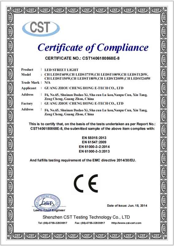 Certificaciones CE para la serie LED de iluminación de calle.